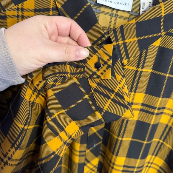 Susan Graver Size M Black Yellow Plaid Button Up Blouse Shirt Uneven Hem - Picture 6 of 12